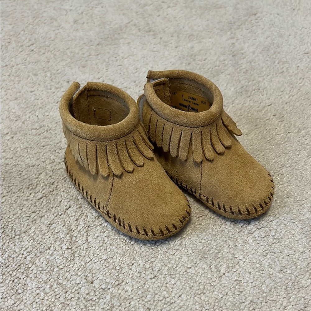 Minnetonka Tan Moccasins with Fringe Detail